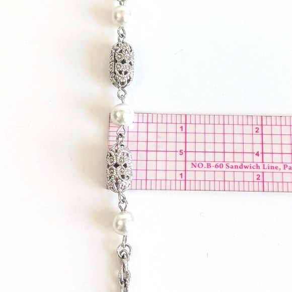 Sarah Coventry 53" Opera Length Necklace Rolo Chain Faux Pearls Silver Tone - Picture 6 of 6